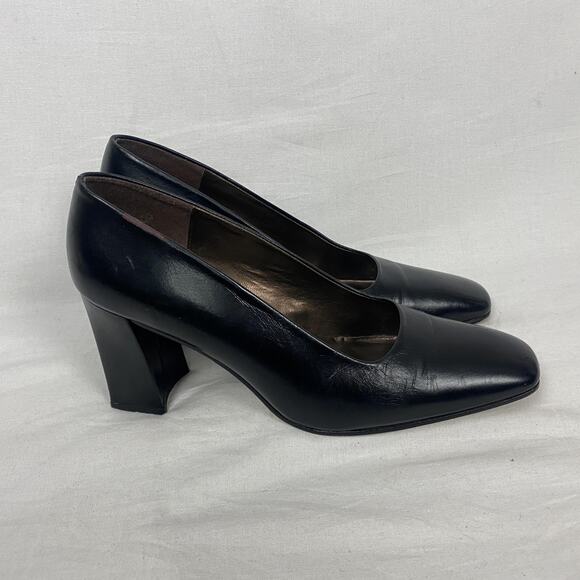 VTG Etienne Aigner Heels Womens 7.5 Black Leather Pumps Square Toe Chunky Heel - Picture 2 of 14